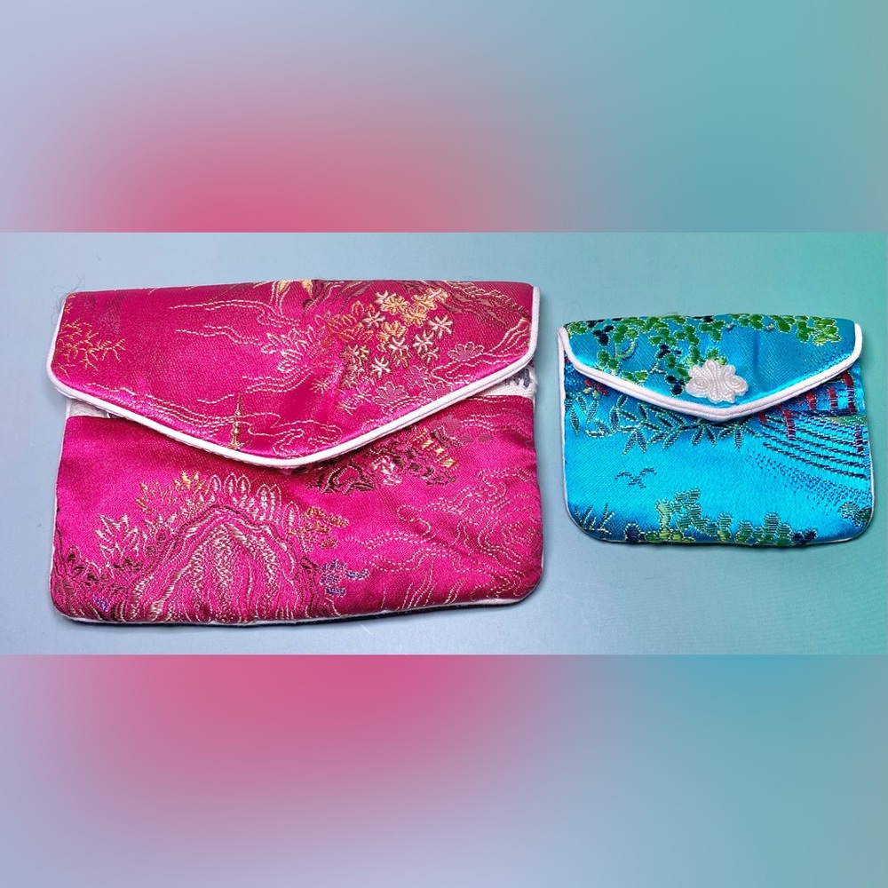 SHASHI! Set of 2 Silk Brocade Embroidered Clutch Pouch Asian Bags‎ Pink & Blue